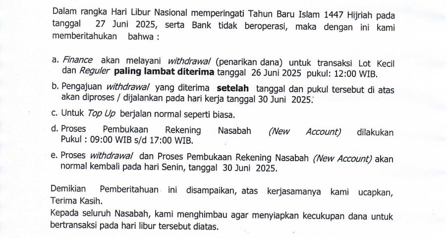 Withdrawal Nasabah Selama Libur Tahun Baru Islam 1447 H